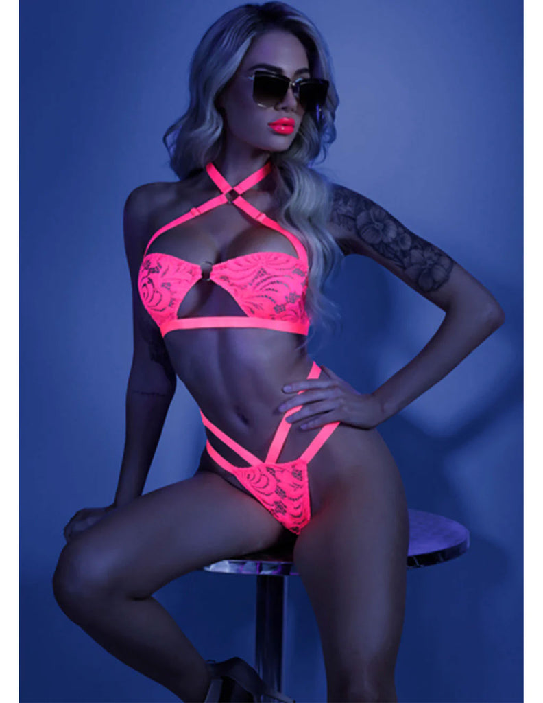 GLOW by Fantasy Lingerie Lights off strappy bra and panty NEON pink