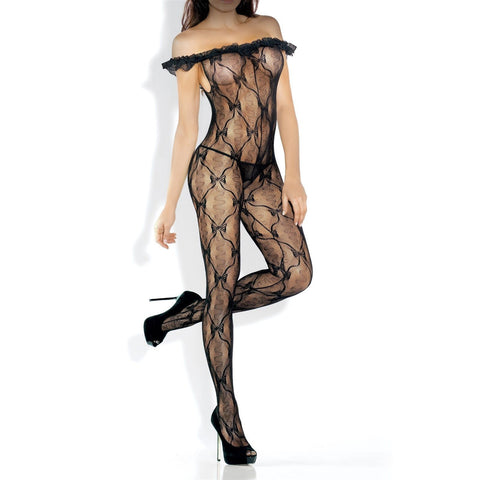 Off-The-Shoulder Bow Lace Bodystocking