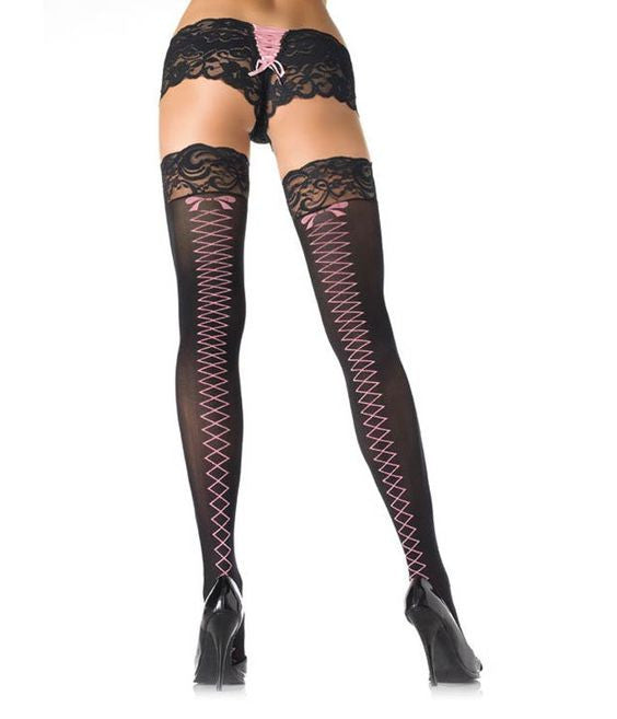 Lycra Opaque Faux Lace Up Thigh High