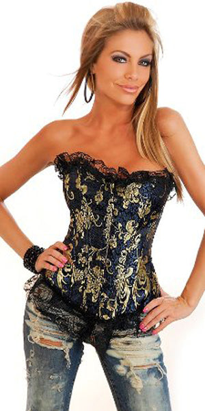 Black and Gold Ruffle Strapless Brocade Corset