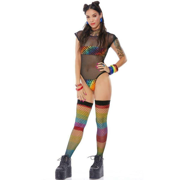 FORPLAY Hooded Bodysuit Sheer Mesh Rainbow Print Panels Metallic Dance Rave