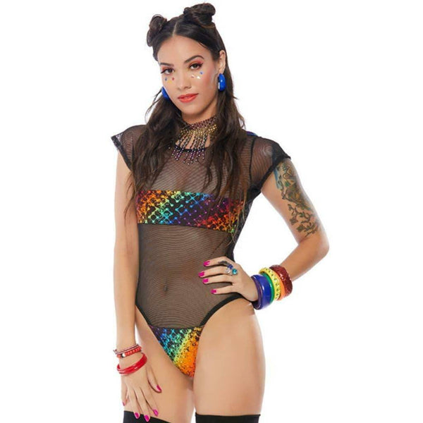 FORPLAY Hooded Bodysuit Sheer Mesh Rainbow Print Panels Metallic Dance Rave